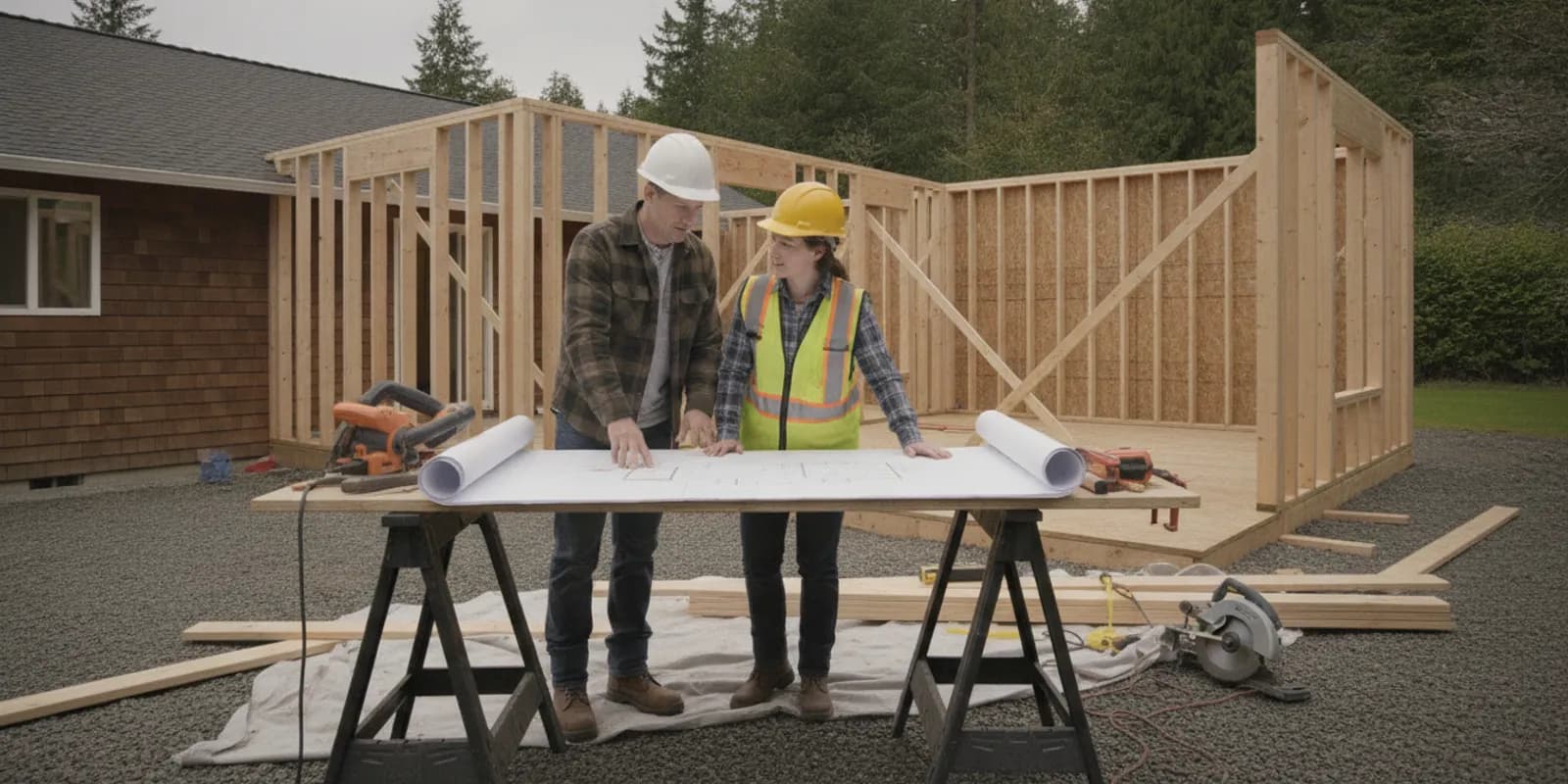 Homeowners review plans with a contractor beside a partially framed home addition in Western Washington.