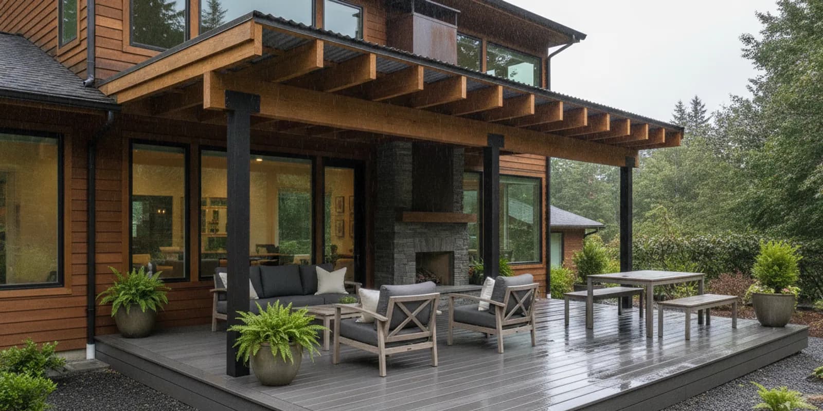 Covered wood deck arranged with comfortable outdoor seating beside a Western Washington home