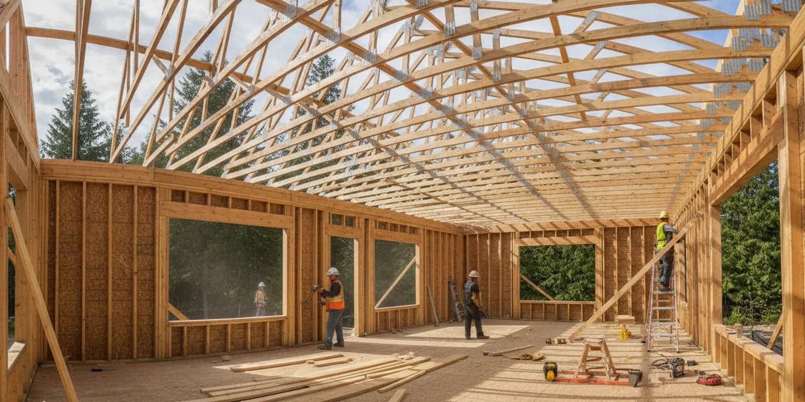 Wood roof trusses installed across a residential home during framing