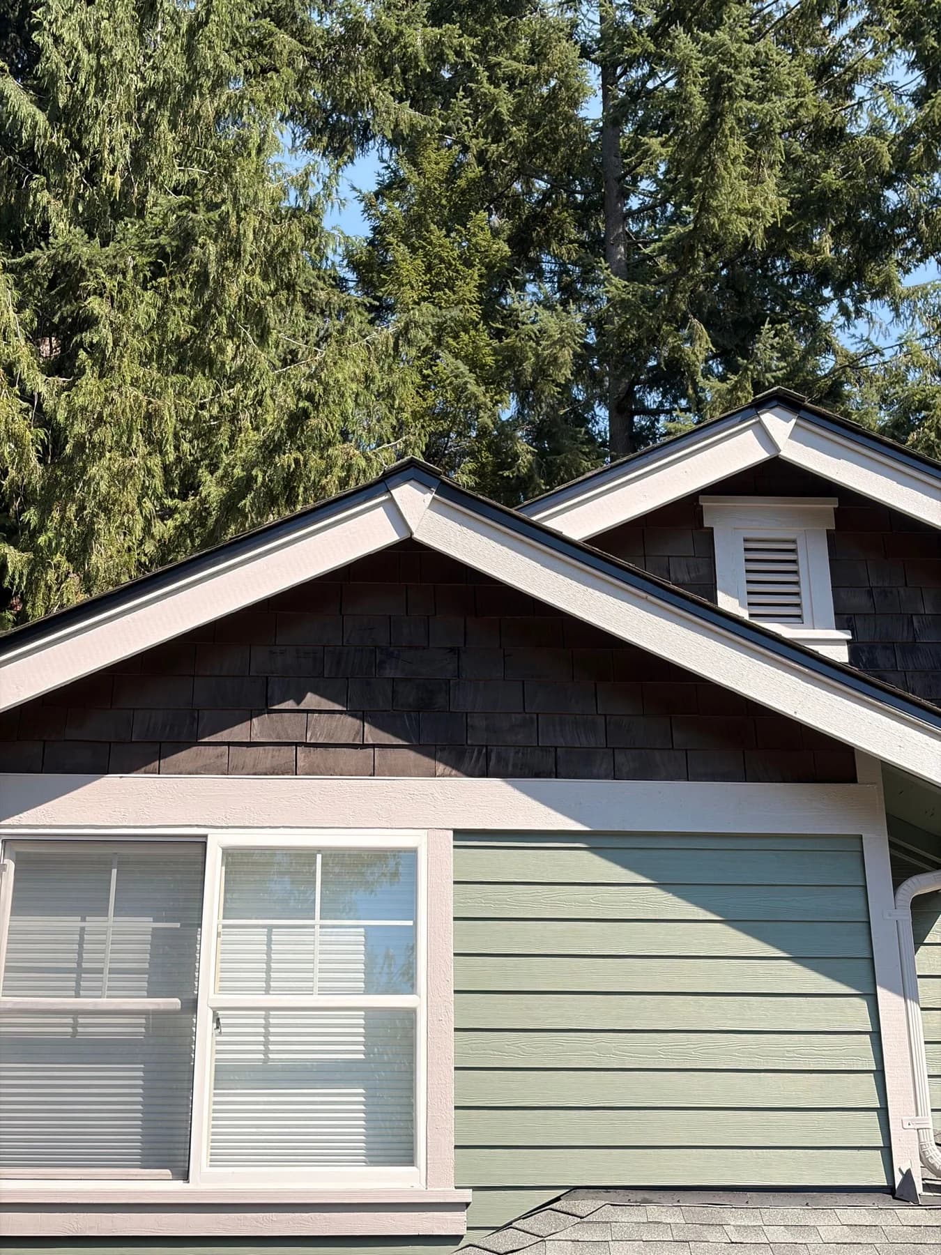 Painted Gables & Trim — Green lap siding, dark shingle gables, and light painted window and roof trim