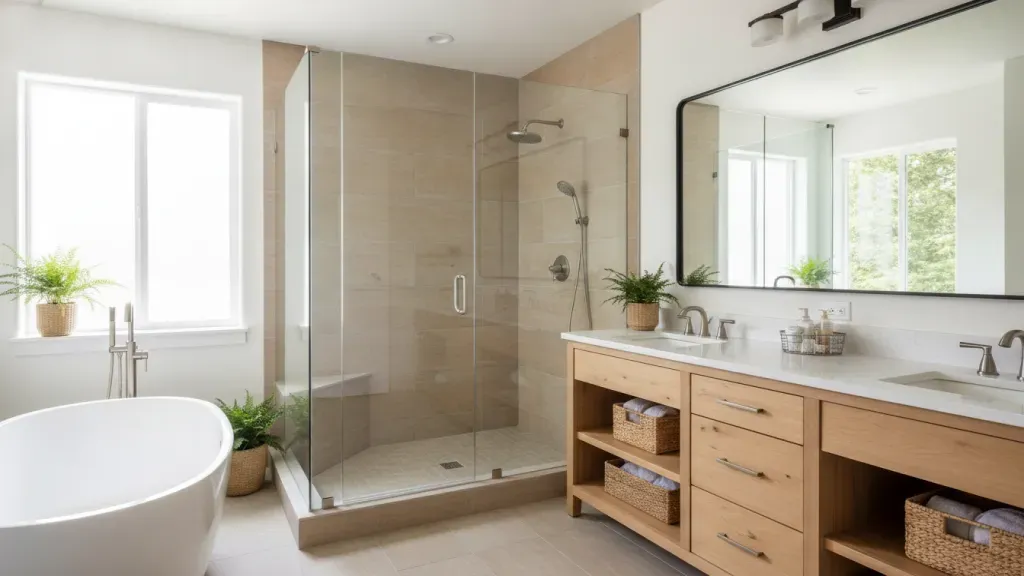 Bright King County bathroom remodel with a walk-in shower, warm tile, and custom vanity