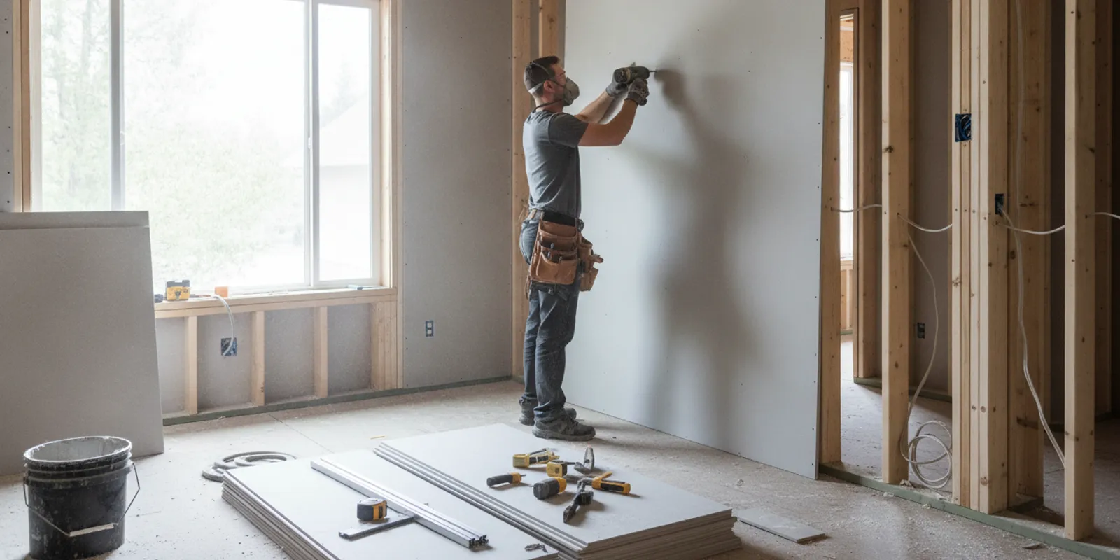 A contractor installing drywall panels in a bright residential room under renovation