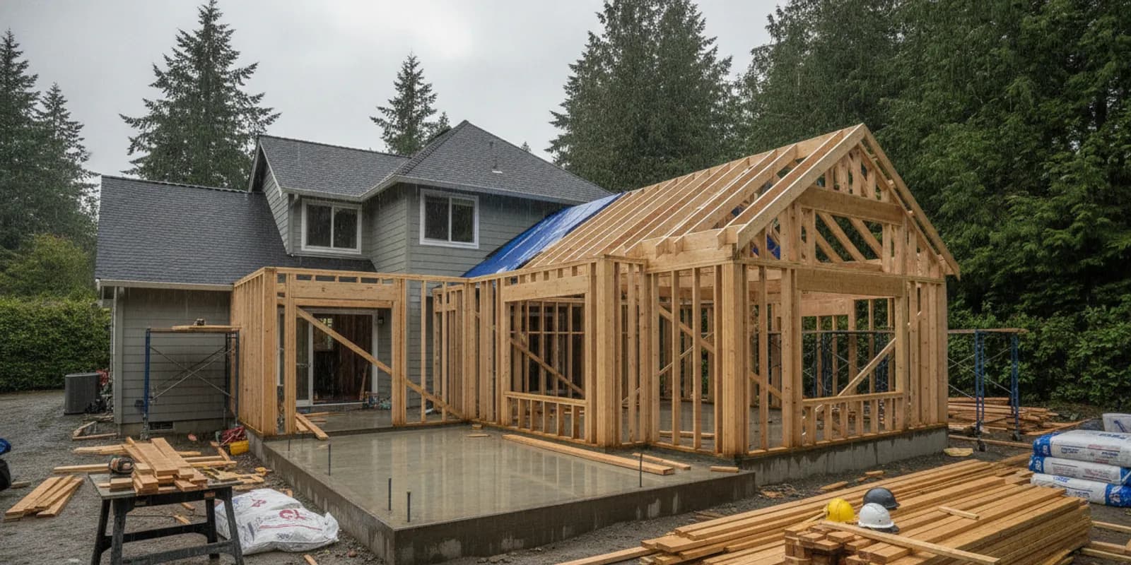 Residential home addition under construction, showing new framing connected to an existing house