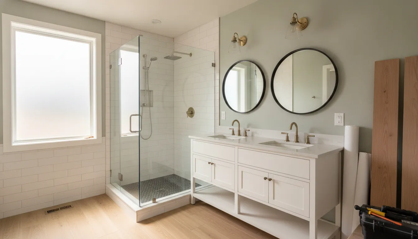 Bright remodeled bathroom with walk-in shower and double vanity