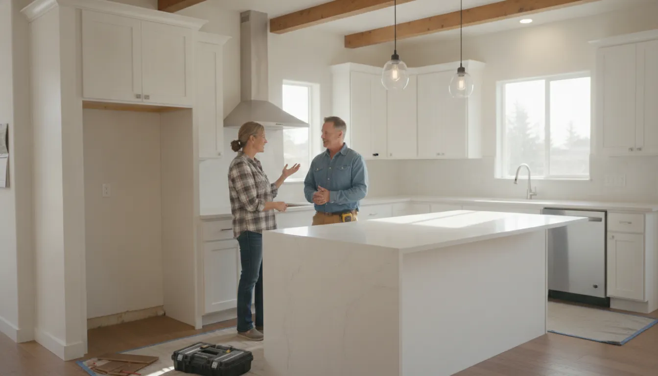 Homeowner and contractor discussing a bright kitchen remodel