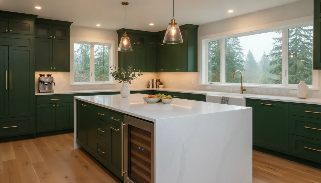 Remodeled King County kitchen with custom green cabinetry, island, and natural light