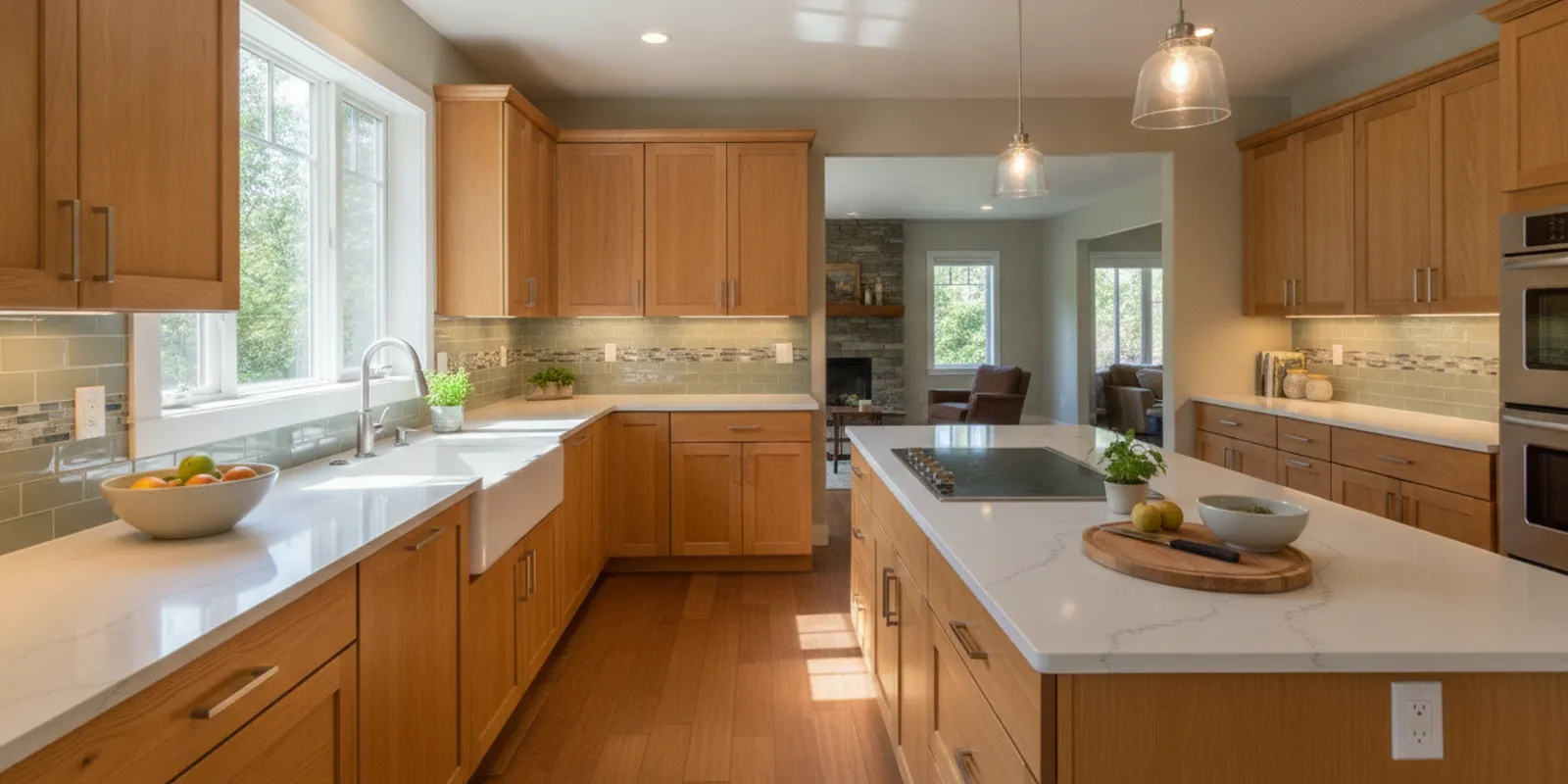 Bright remodeled kitchen with a clear work area, organized cabinetry, durable counters, and layered lighting