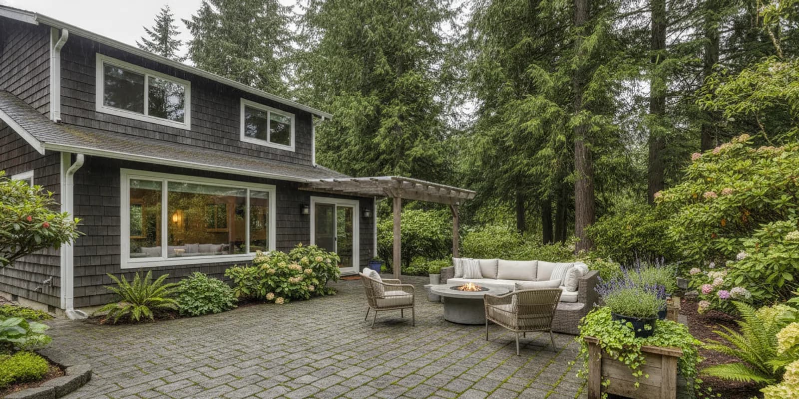 A finished stone patio with seating beside a home, surrounded by green landscaping