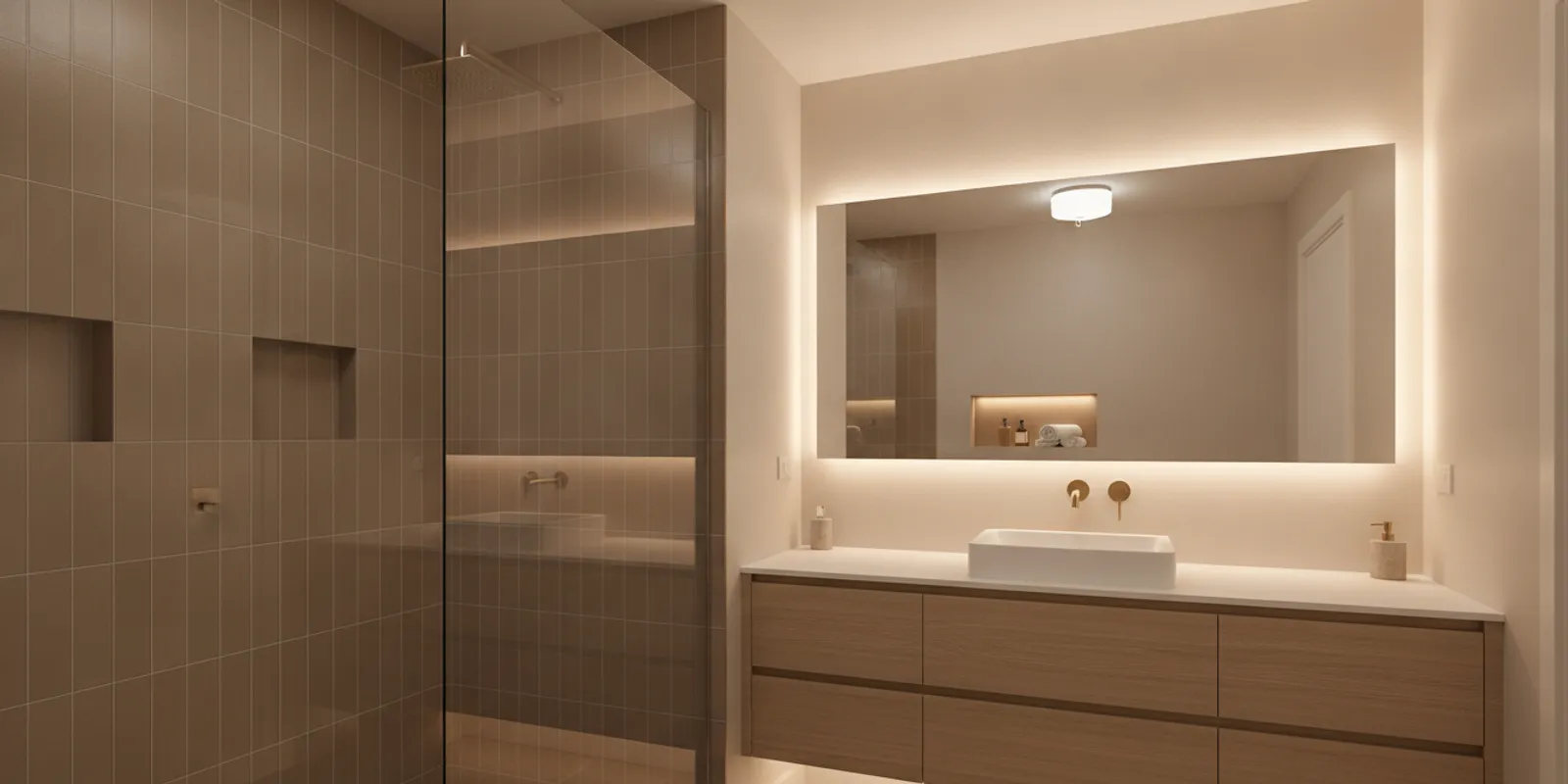 Bright, compact bathroom with a glass shower, wall-mounted vanity, and layered lighting