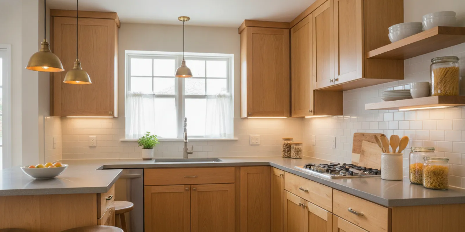 Compact remodeled kitchen with bright cabinetry, clear counters, and layered task lighting