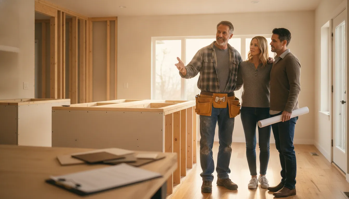 Veteran-owned remodeling contractor discussing a home project with homeowners